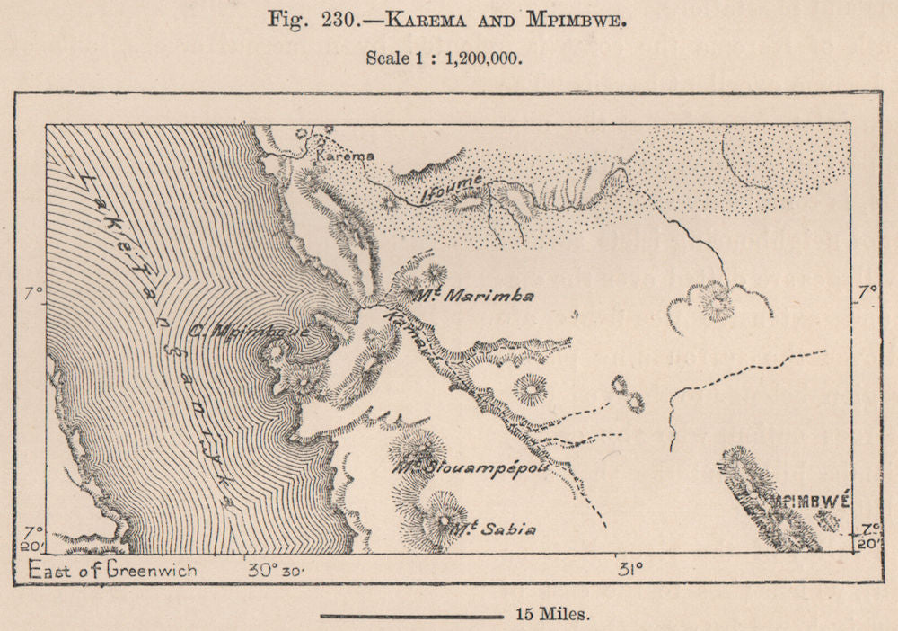 Karema/Kalema and Mpimbwe. Tanzania. Lake Tanganyika 1885 old antique map
